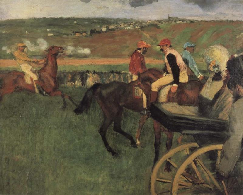 On the race place Jockeys next to a carriage, Edgar Degas